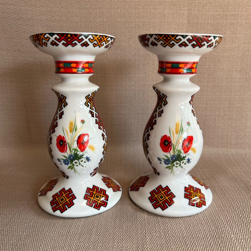 Ukrainian Candlesticks Set of 2 - Beautiful Poppy Vintage - 6in tall